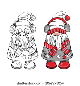 A hand-drawn gnome for New Year or Christmas. The Scandinavian gnome isolated on the white background. Vintage vector illustration.