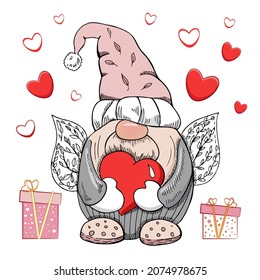 A hand-drawn gnome for valentine's day. The Scandinavian gnome isolated on the white background. Vintage vector illustration.