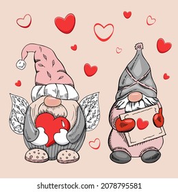 A hand-drawn gnomes for valentine's day. The Scandinavian gnomes with hearts isolated on the pink background. Vintage vector illustration.