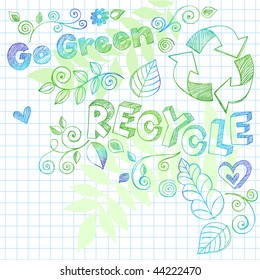 Hand-Drawn Go Green Nature Leaves and Swirls Sketchy Doodles on Graph (Grid) Notebook Paper Vector Illustration with Recycle Lettering