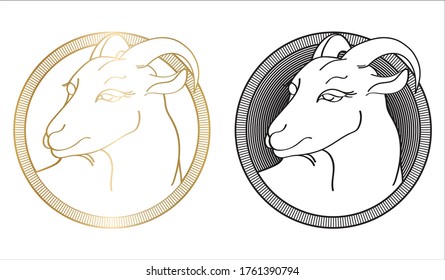 Handgezeichnete Ziege auf geschlüpftem runden Rahmen einzeln auf weißem Hintergrund. Lineare Silhouette. Vektorgrafik. Emblem ökologischer Landkäse, Milch oder Fleisch