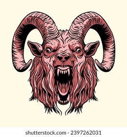 A hand-drawn goat. Retro style engraving. Angry goat line style. The Ritual animal of Satanism