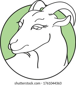 Handdrawn goat in round green frame isolated on a white background. Linear silhouette. Vector illustration. Emblem organic farmer cheese, milk or meat