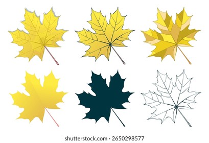 Hand-drawn gold autumn colored maple leaves collection isolated on white background. Flat and line style vector illustration.