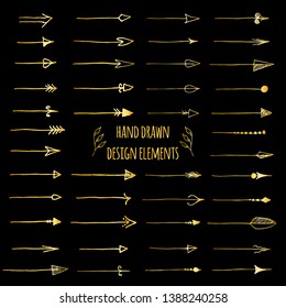 Hand-drawn gold doodle arrows set isolated on black. Vintage design elements for web site, dividers, poster, placard, wallpaper - Vector illustration
