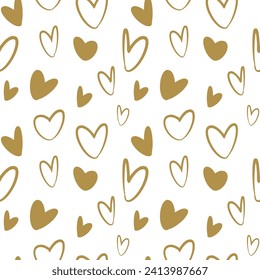 Hand-drawn Gold Hearts. Cute Simple Seamless pattern, Vector illustration