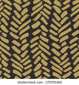 Hand-drawn gold seamless pattern on black background. Vintage rustic chevron