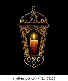 Hand-drawn golden arabic lantern with a candle.  The Muslim festival of Ramadan