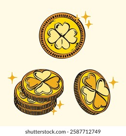 Hand-drawn golden coins featuring a four-leaf clover, symbolizing luck and prosperity.For St. Patrick's Day Design and projects