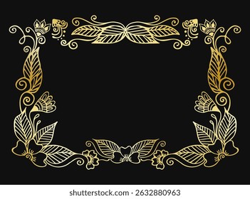 Hand-drawn golden frame with oriental, mehndi-inspired design, featuring floral and leaf patterns. Perfect for cerebrations and holidays design, adding a touch of traditional spirit to new designs.