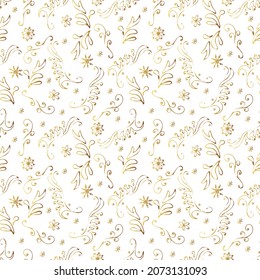 Hand-drawn golden seamless winter pattern with curls and snowflakes. Vector illustration for wrapping paper, greeting cards and invitations. 