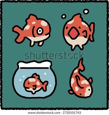 Hand-drawn goldfish character illustration set showing goldfish floating, swimming, and resting in cozy aquarium scenes. Rounded shapes and thick outlines make this artwork perfect for storybook illustrations, pet-themed designs, and cute aquatic stickers.