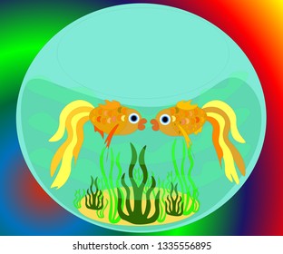 Hand-drawn goldfish lovers in an aquarium with algae on a colorful background