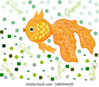 Hand-drawn goldfish in the ocean with colorful dots in the form of dots on a white background. Fairytale vector greeting card with a goldfish in a marine style.