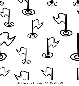 Handdrawn golf doodle seamless pattern. Hand drawn black sketch. Sign cartoon symbol. Decoration element. White background. Isolated. Flat design. Vector illustration.