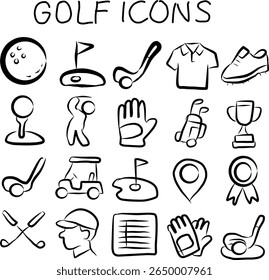 Hand-drawn golf icon set featuring clubs, balls, tees, players, carts, trophies, and gear. Perfect for sports apps, infographics, websites, and golf-related content.