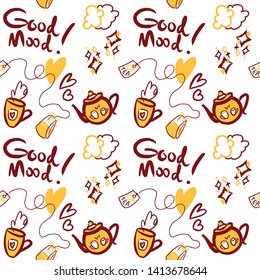 Hand-drawn Good Mood seamless pattern in yellow and red colors on the white background. There are cute stylized cartoon teapots, cups with hearts and sparkles with confetti