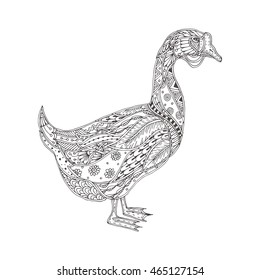 Hand-drawn goose with ethnic floral doodle pattern. Coloring page - zentangle design for spiritual relaxation for adults, vector illustration, isolated on a white background. Zen doodles.