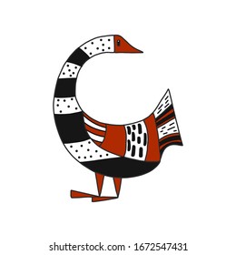 A hand-drawn goose is isolated. Engraved vector illustration style. Template for your design work.stylized bird with a folk pattern.suitable for fabrics, banners, postcards, children s books.