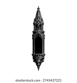 Hand-drawn gothic architectural ornament vector featuring a tall, vintage niche with pointed arches, ornate carvings, and dramatic medieval detailing. Isolated on light background, perfect for tattoo design, logo, poster, engraving, and antique decorative projects.