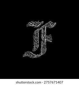Hand-drawn Gothic letter F composed of tangled dead tree branches and dry twigs, ornate creepy alphabet illustration in vintage woodcut style, isolated on white background.