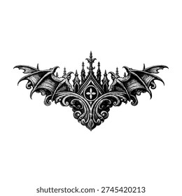 Hand-drawn gothic vector illustration featuring symmetrical bat wings merged with ornate cathedral architecture. Highly detailed black ink engraving style with dramatic shading, vintage fantasy aesthetic, and dark ornamental elements isolated on white background.