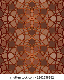 Hand-drawn gradient abstract seamless vector pattern with geometric figures and mandala ornament in brown colors. 
Seamless backdrop with flowers, polygons and triangles.