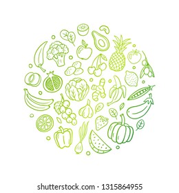 Hand-drawn gradient line vector illustration with fruits and vegetables. Healthy food in an original doodle organic style. Great for banners, menu design, packaging, cooking book or advertising.