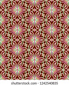 Hand-drawn gradient seamless vector pattern of flowers with geometric polygonal frame on a brown background.