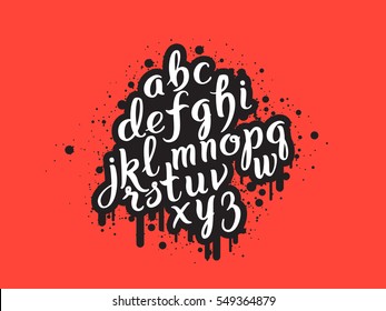 Handdrawn graffiti alphabet. Brush pen letters. Handwritten script font. Hand lettering custom typography with paint flows and blots