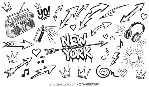 Hand-drawn graffiti elements set including New York lettering, boombox, spray paint, crowns, arrows, and musical notes isolated on white background.