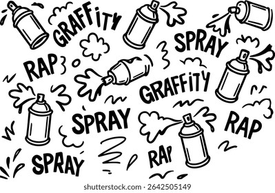 Hand-drawn graffiti seamless pattern in black and white. Includes spray paint cans, spray droplets, and the words "Graffiti," "Spray," and "Rap." Great for streetwear designs, hip-hop themed graphics