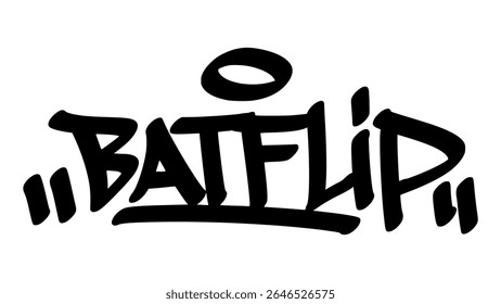 Hand-drawn graffiti tag of "Batflip" in bold black ink. Urban street style lettering with baseball theme and transparent background, ideal for edgy sports and youth designs.