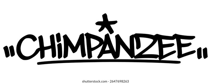 Hand-drawn graffiti tag of “Chimpanzee” in bold black letters with street art energy. Great for jungle-themed designs, youth merch, or digital graphics.
