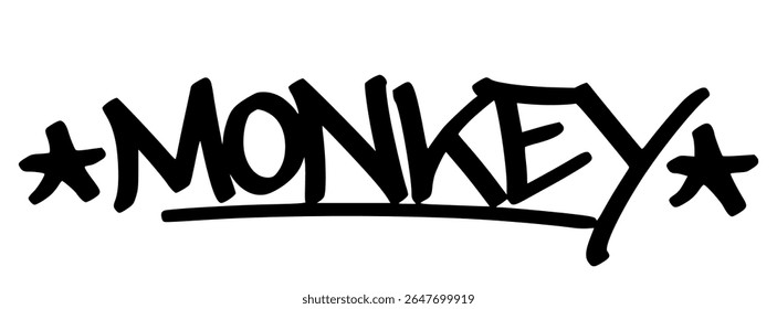 Hand-drawn graffiti tag of “Monkey” in bold black strokes with playful street energy. Great for jungle-themed merch, youth wear, or digital illustration.