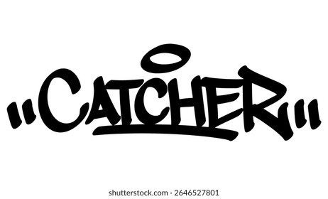 Hand-drawn graffiti tag of "Catcher" in bold black ink. Urban street style lettering with baseball theme and transparent background, perfect for sporty and youth-focused visuals.