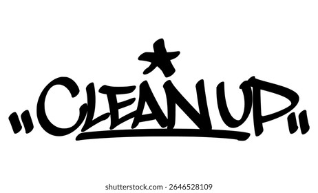 Hand-drawn graffiti tag of "Clean Up" in bold black ink. Urban street lettering with baseball theme and transparent background, great for sporty, edgy, and street-style visuals.