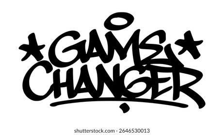 Hand-drawn graffiti tag of "Game Changer" in bold black ink. Urban street lettering with baseball theme and transparent background, perfect for powerful and sporty visual content.