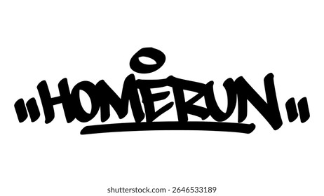 Hand-drawn graffiti tag of "Homerun" in bold black ink. Urban street lettering with baseball theme and transparent background, ideal for powerful, sporty, and youth-driven designs.