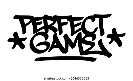 Graffiti tag desenhado à mão de "Perfect Game" em negrito e preto. Urbano rua lettering com tema de beisebol e fundo transparente, ideal para elite, raro, e conteúdo visual desportivo.