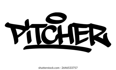 Graffiti tag desenhado à mão de "Pitcher" em negrito e preto. Urbano rua lettering com tema de beisebol e fundo transparente, perfeito para desportivo, focado, e conteúdo visual atlético.