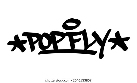 Hand-drawn graffiti tag of "Pop Fly" in bold black ink. Urban street lettering with baseball theme and transparent background, ideal for sporty, dynamic, and youth-targeted designs.