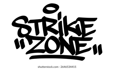 Hand-drawn graffiti tag of "Strike Zone" in bold black ink. Urban street lettering with baseball theme and transparent background, perfect for sporty, focused, and game-specific visuals.