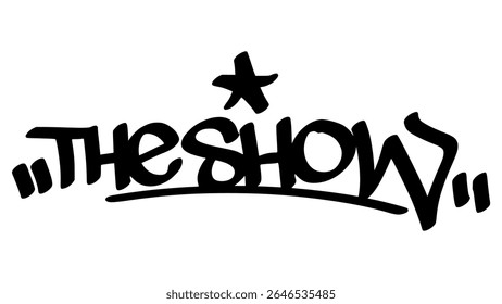Hand-drawn graffiti tag of "The Show" in bold black ink. Urban street lettering with baseball theme and transparent background, perfect for pro-level, spotlight, and sporty visual content.