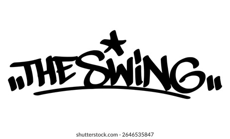 Hand-drawn graffiti tag of "The Swing" in bold black ink. Urban street lettering with baseball theme and transparent background, perfect for dynamic, sporty, and stylish visual designs.