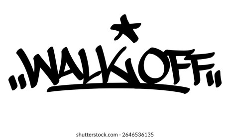 Grafite desenhado à mão com a tag "Walk Off" a tinta preta em negrito. Urbano rua lettering com tema de beisebol e fundo transparente, perfeito para dramático, desportivo, e vitória focada visuais.