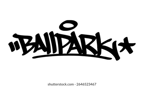 Hand-drawn graffiti tag of the word "Ballpark" in bold black ink. Urban street lettering with baseball theme and transparent background, ideal for sports and youth design.