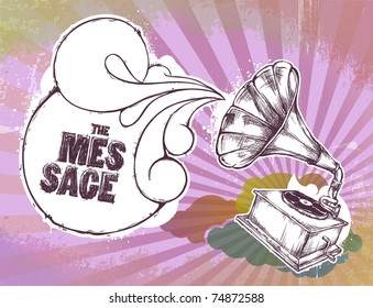 Hand-drawn gramophone on dirty background. Layered. Vector EPS 10 illustration.