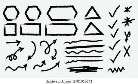 Hand-drawn grange sketch elements including arrows, underlines, hearts, crowns, and stars. Perfect for highlighting or decorative accents.