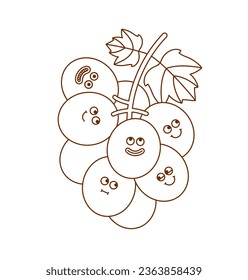 The hand-drawn grape retro character. Vector illustration in trendy retro cartoon style. Fruit, healthy food.